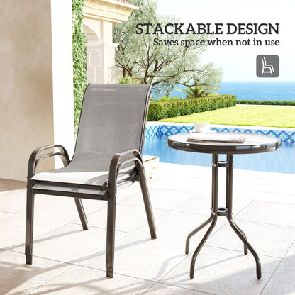 3 Pieces Bistro Set, Small Patio Furniture Set with Stackable Mesh Chairs, Glass Table for Garden, Balcony, Light Grey
