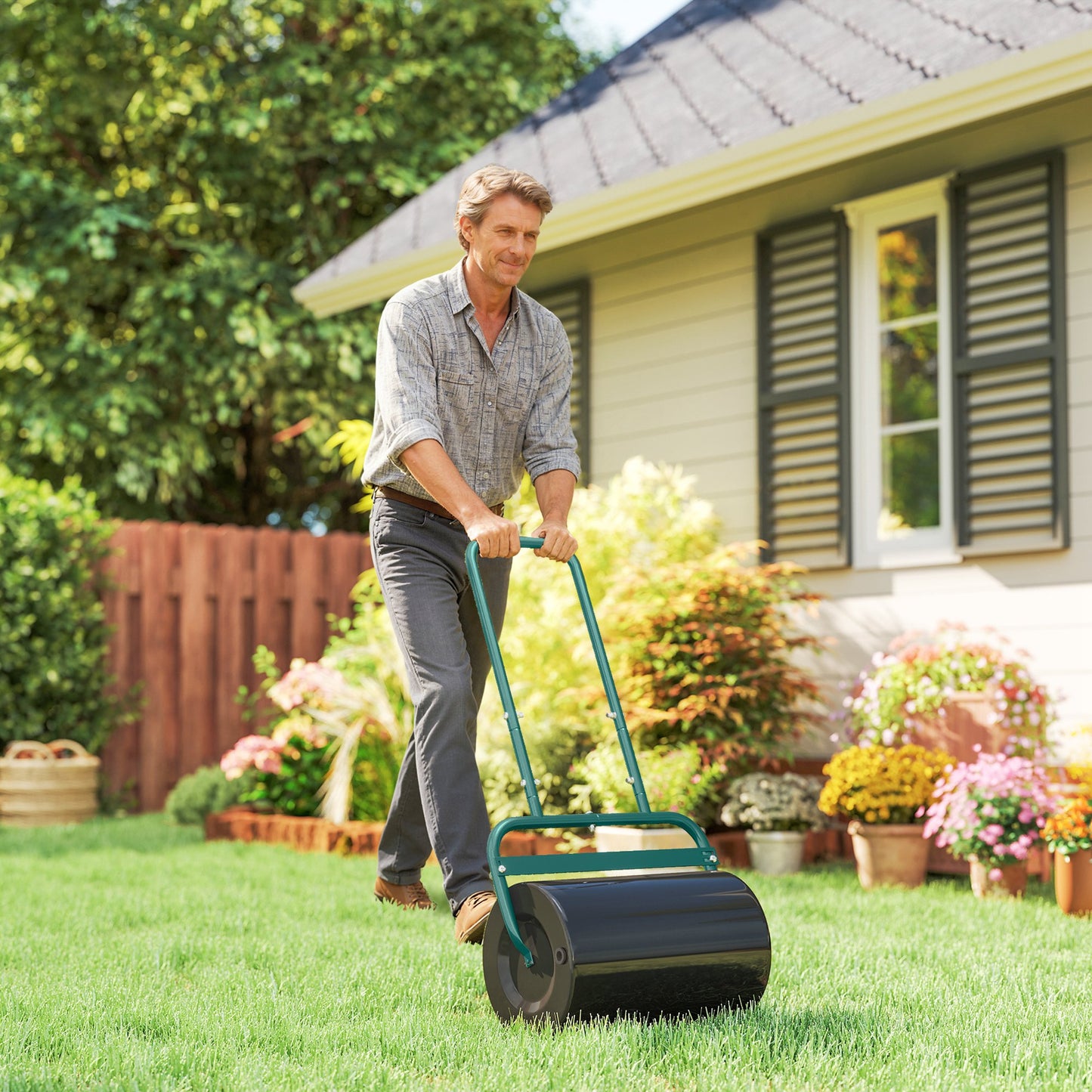Heavy Duty Lawn Roller, 20" Push/Tow Behind Sod Roller, Grass Flattener Filled with 11gal Water/136lbs Sand, Green