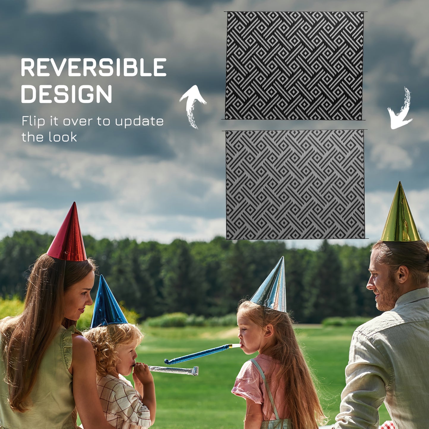 Reversible Outdoor Rug Waterproof Plastic Straw RV Rug with Carry Bag, 9' x 12', Black and Grey Geometric
