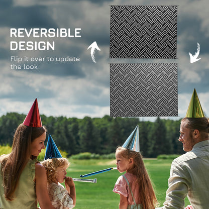 Reversible Outdoor Rug Waterproof Plastic Straw RV Rug with Carry Bag, 9' x 12', Black and Grey Geometric