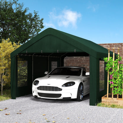 12 x 20ft Carport with 2 Roll-Up Doors, 4 Windows, Portable Garage with Removable Sidewalls for Car, Truck, Dark Green