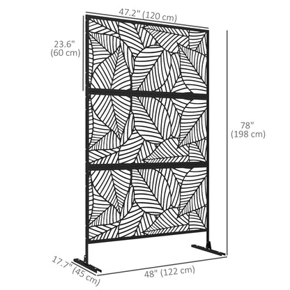6.5FT Decorative Outdoor Divider, Metal Privacy Screen with Stand, Large Leaf Style, Black