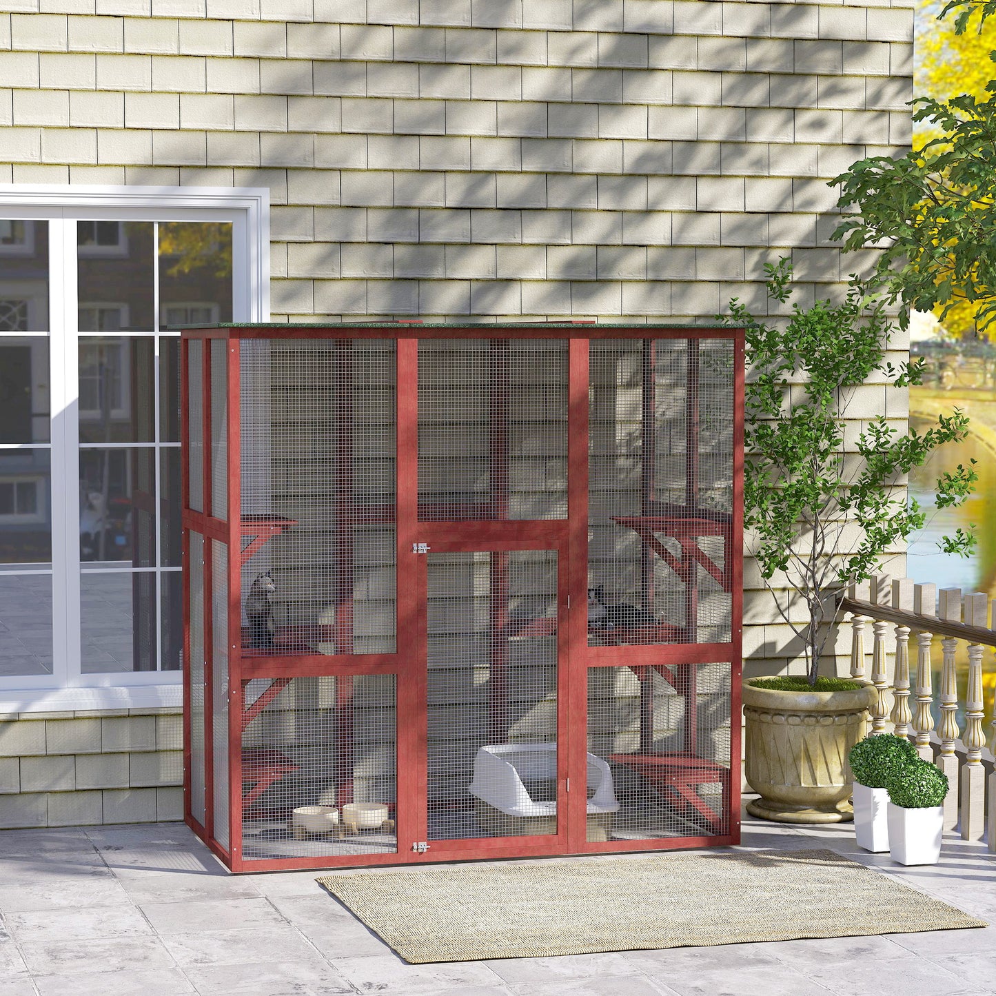 71" x 39" x 71" Cat Cage, Large Outdoor Wooden Cat Patio with 6 Balanced Platforms and Asphalt Roof, Wine Red