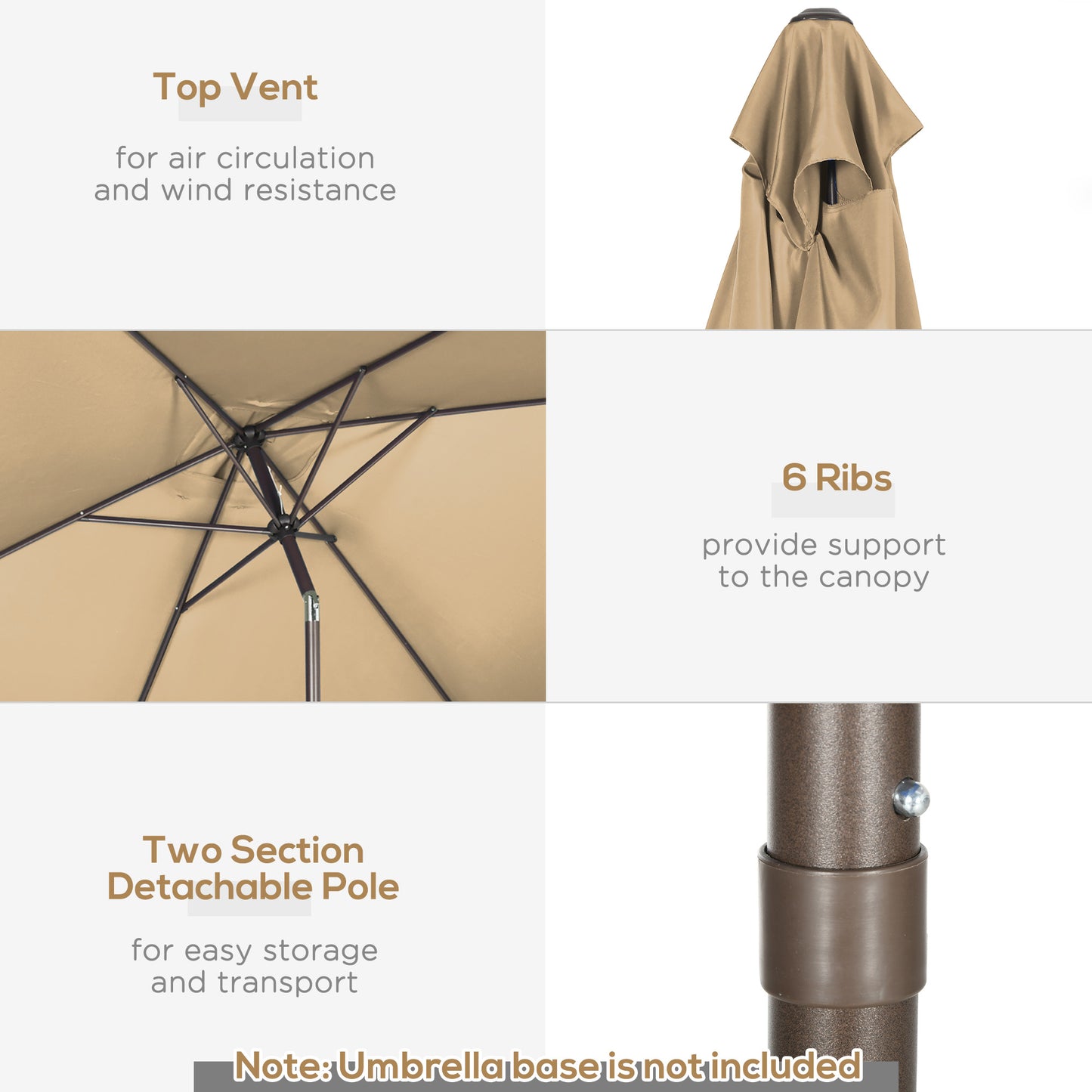 6.5x10ft Patio Umbrella, Rectangle Market Umbrella with Aluminum Frame and Crank Handle, Garden Parasol Outdoor Sunshade Canopy, Tan