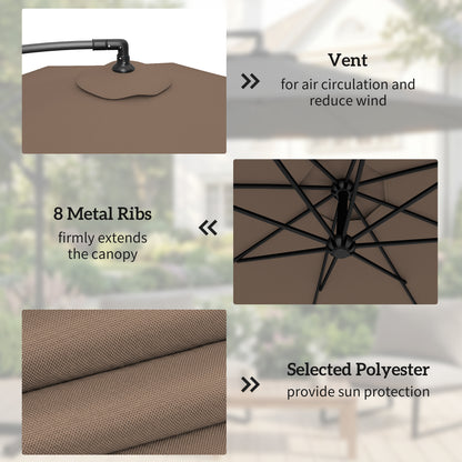 9.6ft Offset Patio Umbrella Garden Hanging Parasol Banana Cantilever Umbrella with Base, Crank, Coffee
