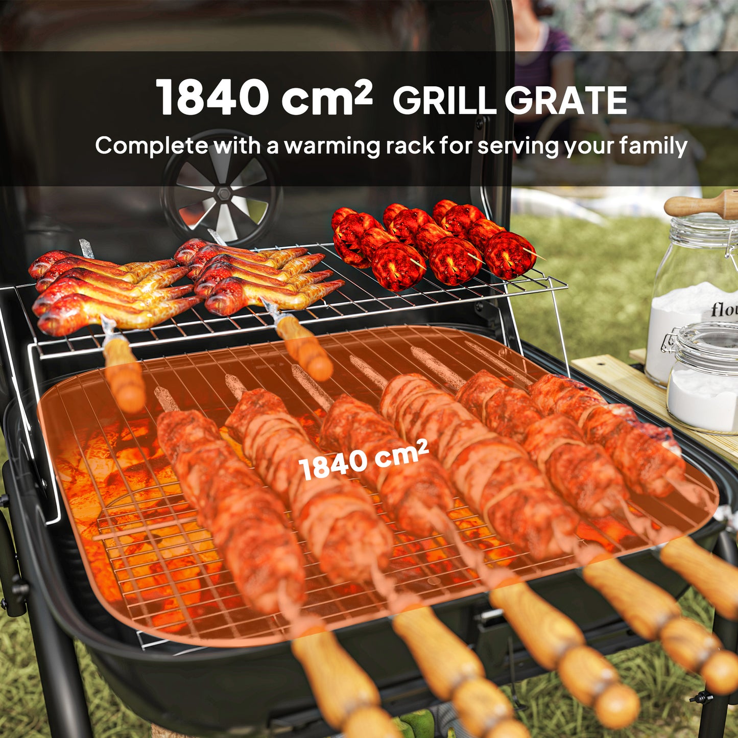Charcoal BBQ Grill, BBQ Grill with 1840 cm² Cooking Area, 3 Shelves, Adjustable Vent, Lockable Lid, Wheels, Black