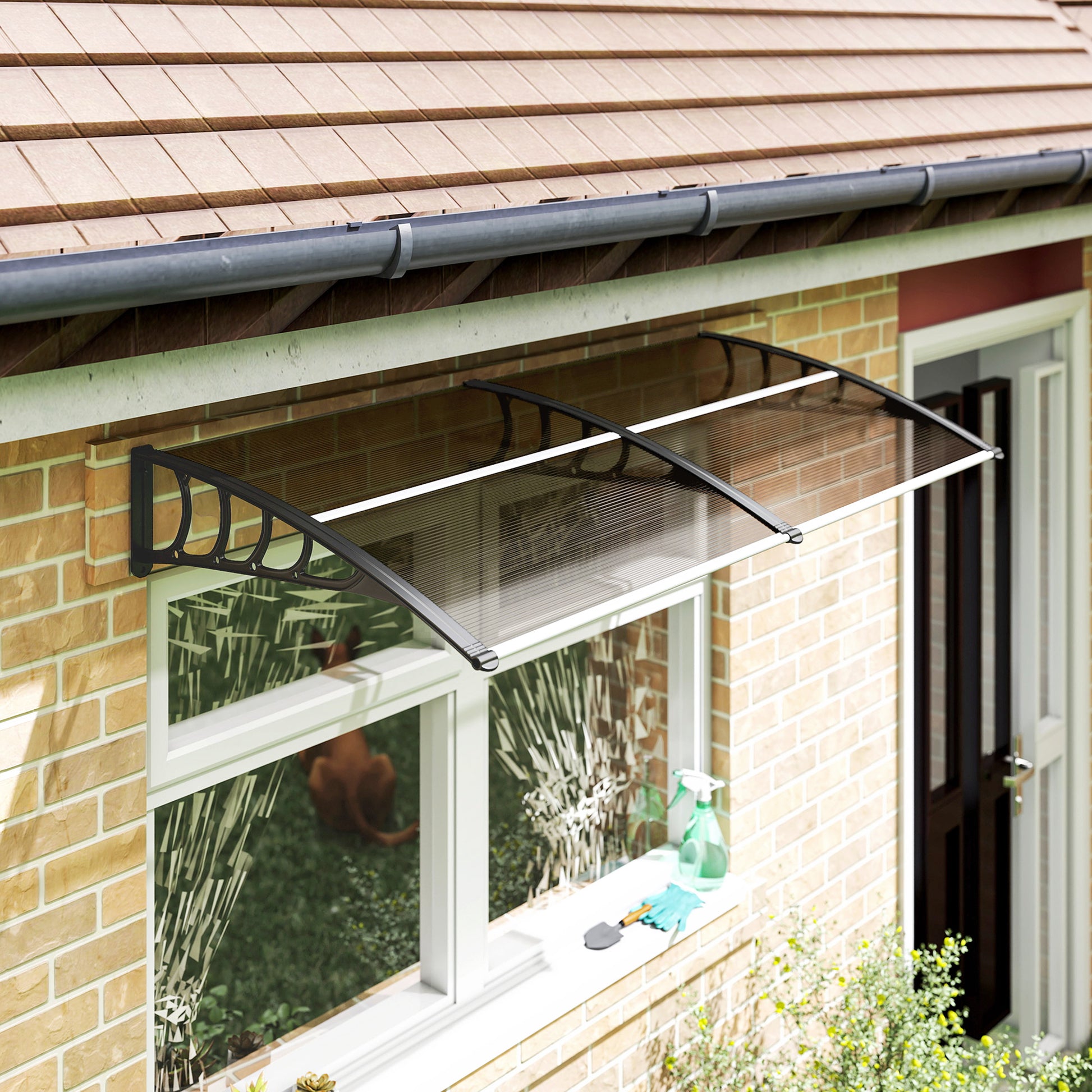 Window Awning Door Canopy, Polycarbonate Front Door Outdoor Patio Cover, Sun Shelter, Hollow Sheet for UV, Rain, Snow and Sunlight Protection, Brown, 40" x 80"