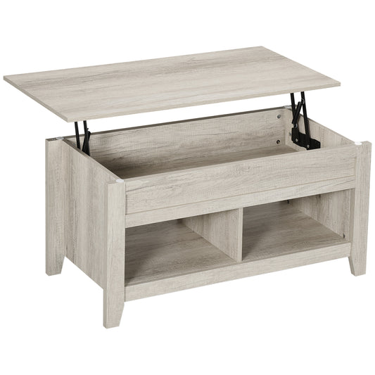 Lift Top Coffee Table with Hidden Storage Compartment and Open Shelves, Lift Tabletop Pop-Up Center Table for Living Room, Oak Effect