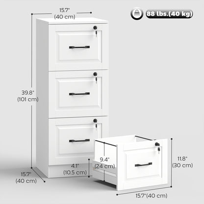 3 Drawer File Cabinet with Lock, Vertical Filing Cabinet with Adjustable Hanging Bars for A4 and Letter Size, White