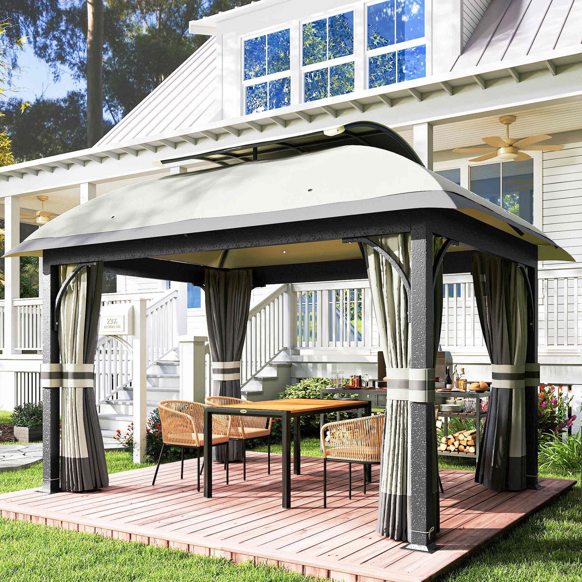 11' x 13' Patio Gazebo, Double Roof Outdoor Gazebo Canopy with Netting & Curtains, Galvanized Metal Frame, Light Grey