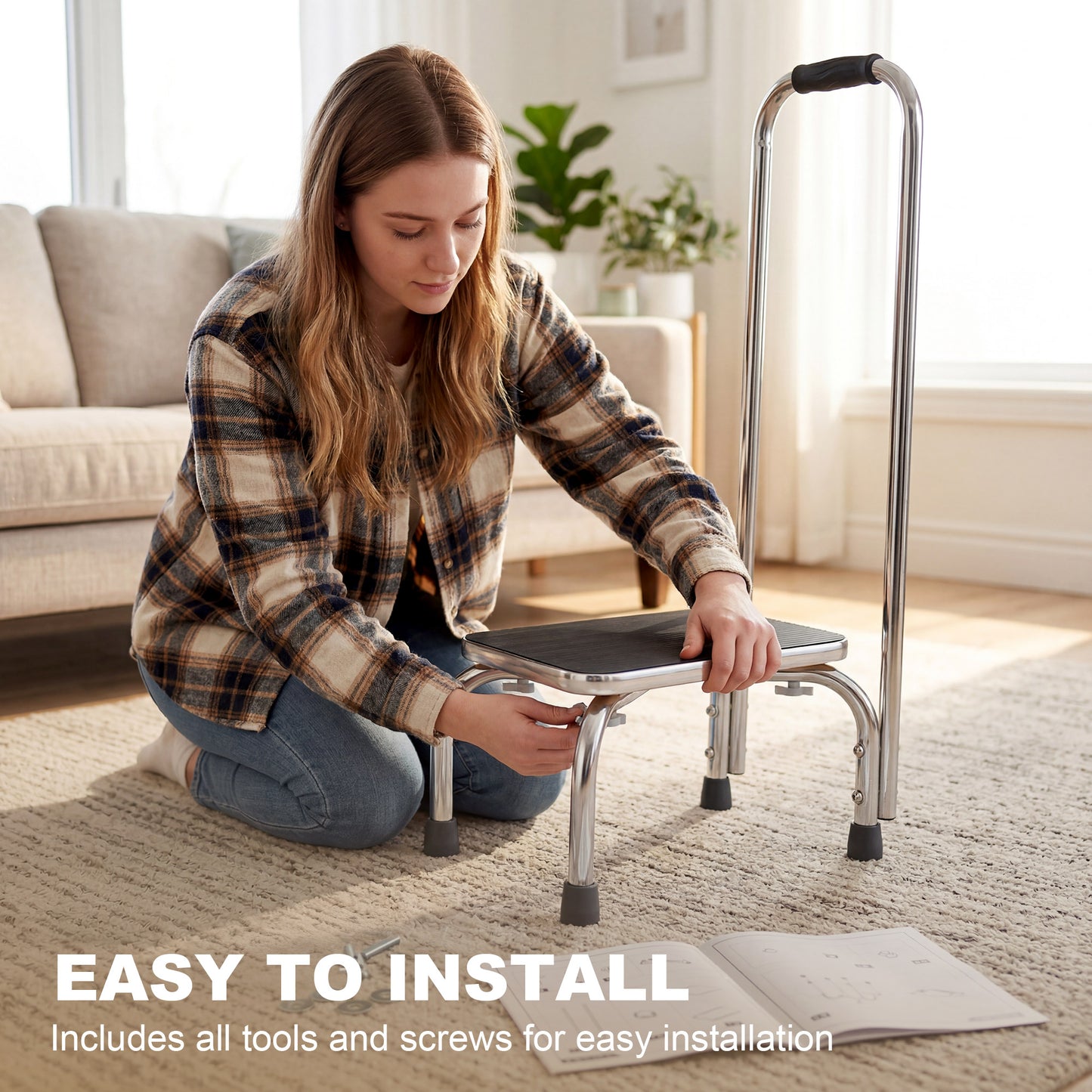 Step Stool with Handle for Adults and Seniors, Heavy Duty Metal Foot Step Stool for Elderly, Portable Stool with Anti-slip Design