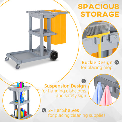 Janitorial Cart with 3 Shelves, Cleaning Cart on Wheels with Rubbish Bag and Mop Holders for Hotel, Housekeeping, Grey