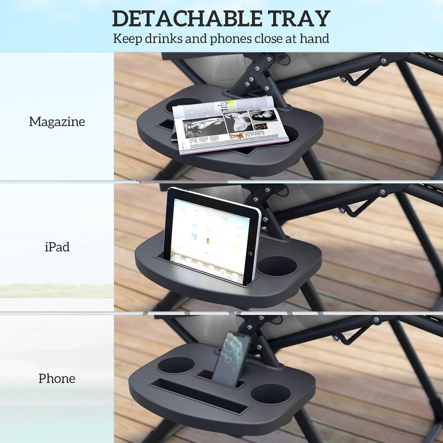 Padded Folding Recliner Chair, Patio Lounger with Cupholder, Adjustable Backrest, Removable Cushion, Grey