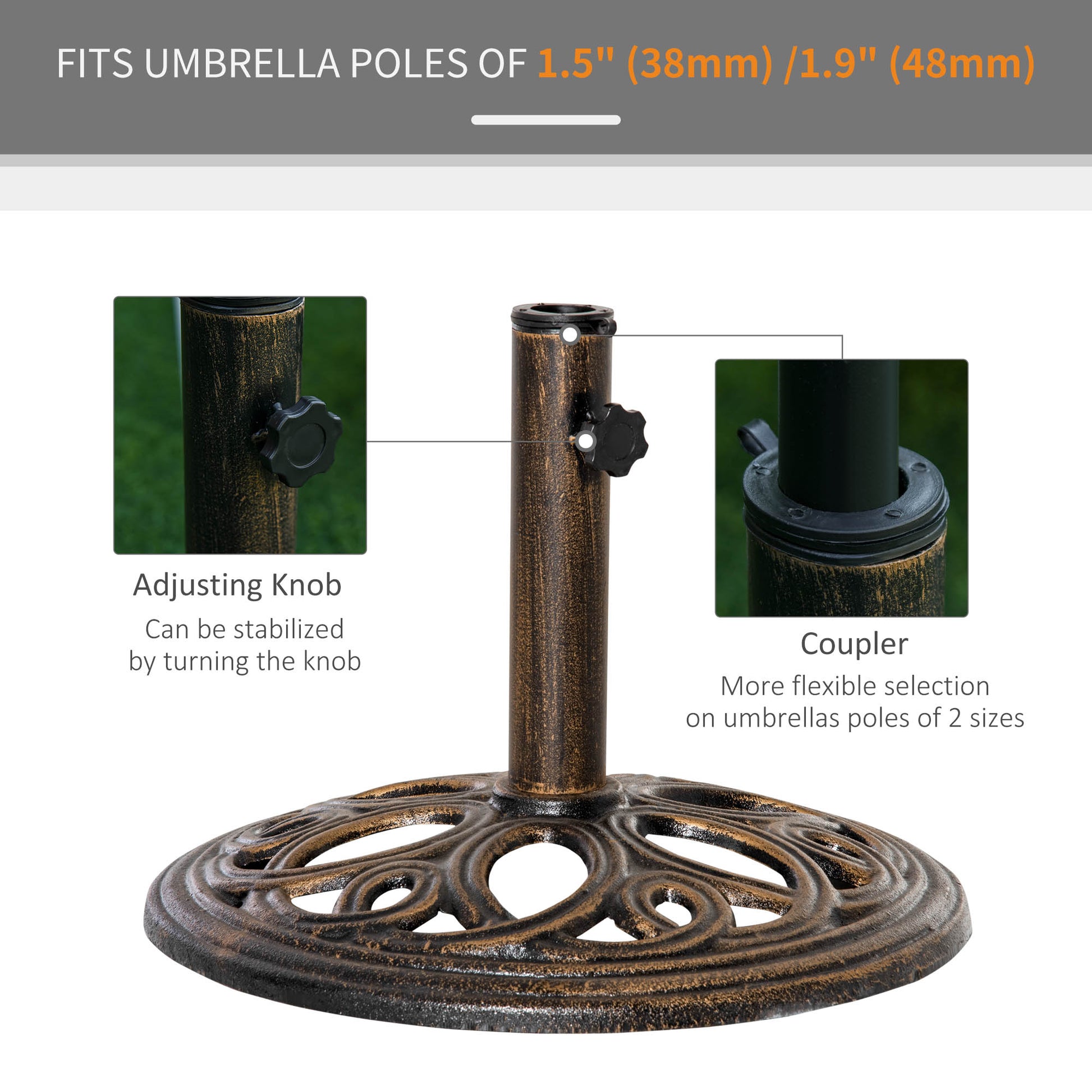 25lbs Cast Iron Round Patio Umbrella Base Stand, Umbrella Holder for Outdoor, Patio, Garden, Deck and Beach, Fit Dia. 1.5", 2" Pole, Bronze