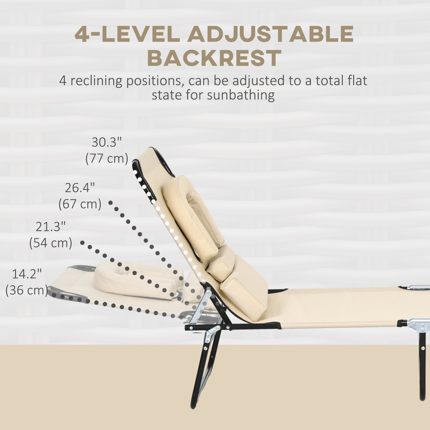 Folding Lounge Chair Set of 2, Reclining Beach Tanning Chair with Face Hole, Pillow, 4-Position Adjustable Flat Sun Lounger, Steel Frame for Outdoor Patio Pool, Beige