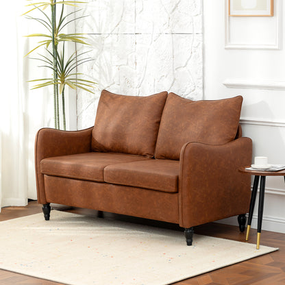 55" Loveseat Sofa, Small 2 Seater Couch with Solid Wood Legs, Modern PU Leather Upholstered Sofa for Small Spaces, Brown