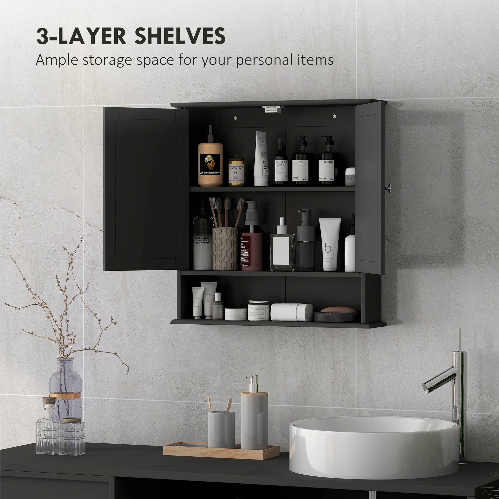 Medicine Cabinet, Wall-Mounted Bathroom Mirror Cabinet with Double Doors, Open Shelf, and Adjustable Shelf, Modern Bathroom Wall Cabinet, Black