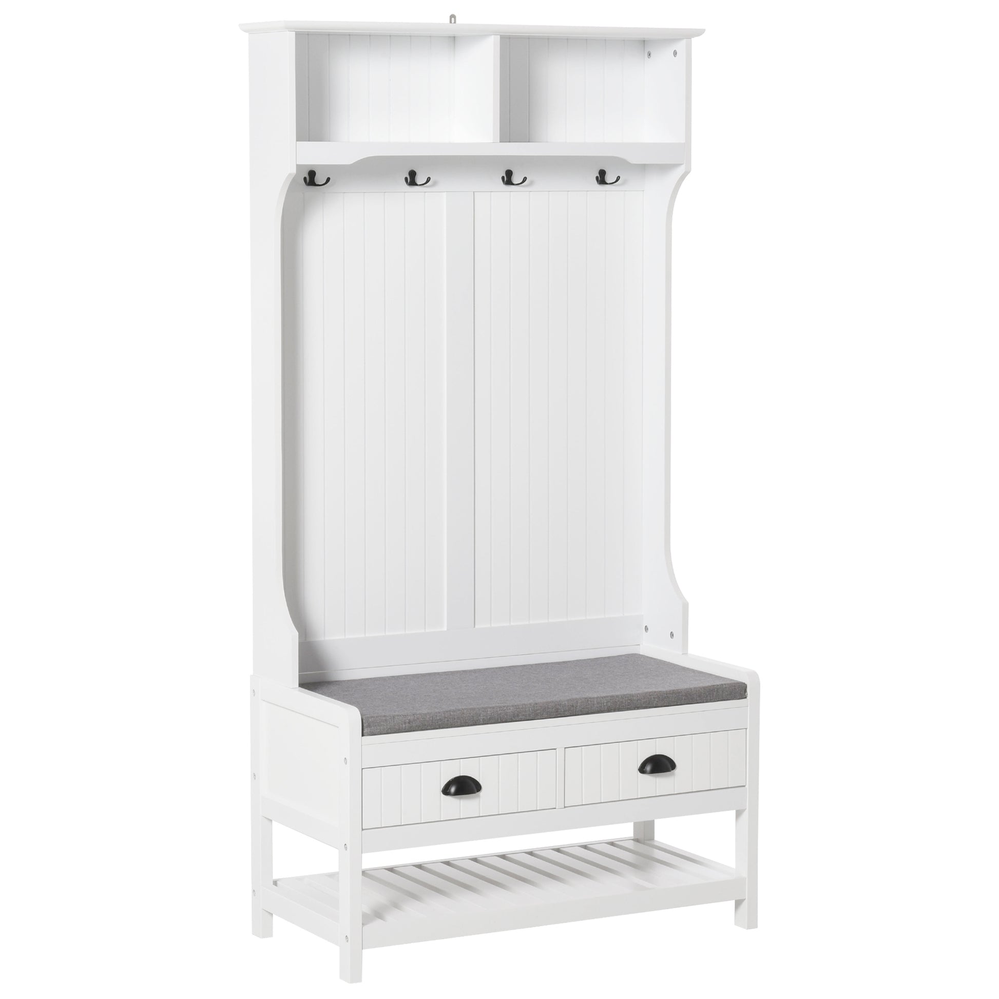 Coat Rack Shoe Bench, Hall Tree with Bench and Shoe Storage, Entryway Bench with 4 Hooks, 2 Drawers, 2 Shelves, White