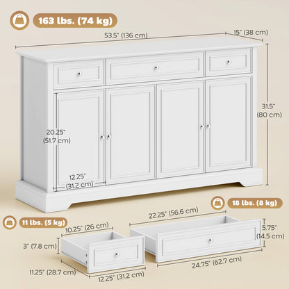 Sideboard Buffet Cabinet, 54" Kitchen Storage Cabinet with Soft-Close Doors, 3 Drawers and 2 Adjustable Shelves, White