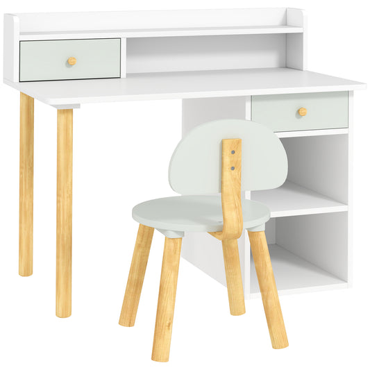 Qaba Kids Study Table and Chair Set, Kids Desk and Chair Set w/ Storage and Shelves, for 3-8 Year Old, Green