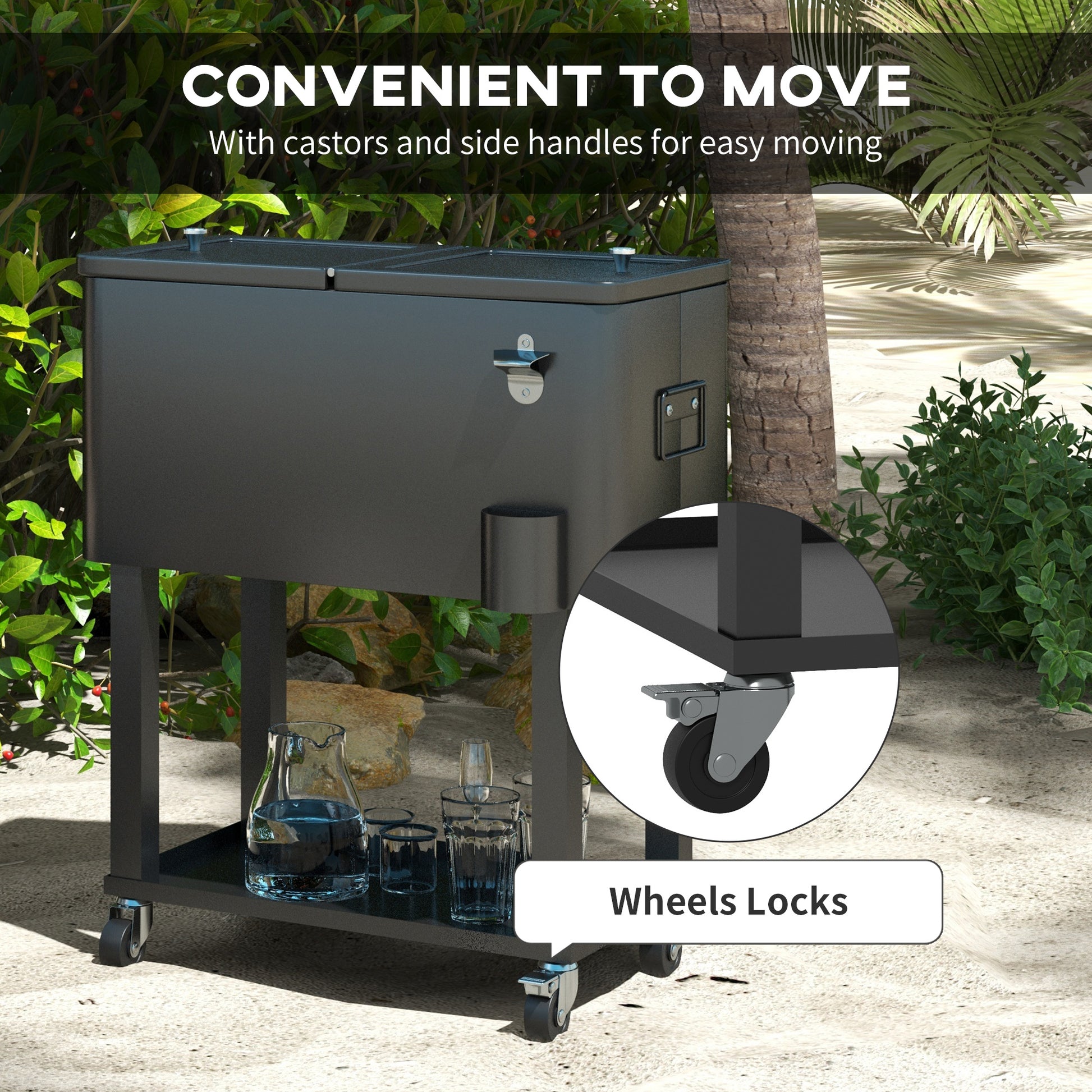 60 Quart Rolling Outdoor Cooler, Portable Rolling Patio Cooler Cart with Locking Wheels, Storage Shelf, Black