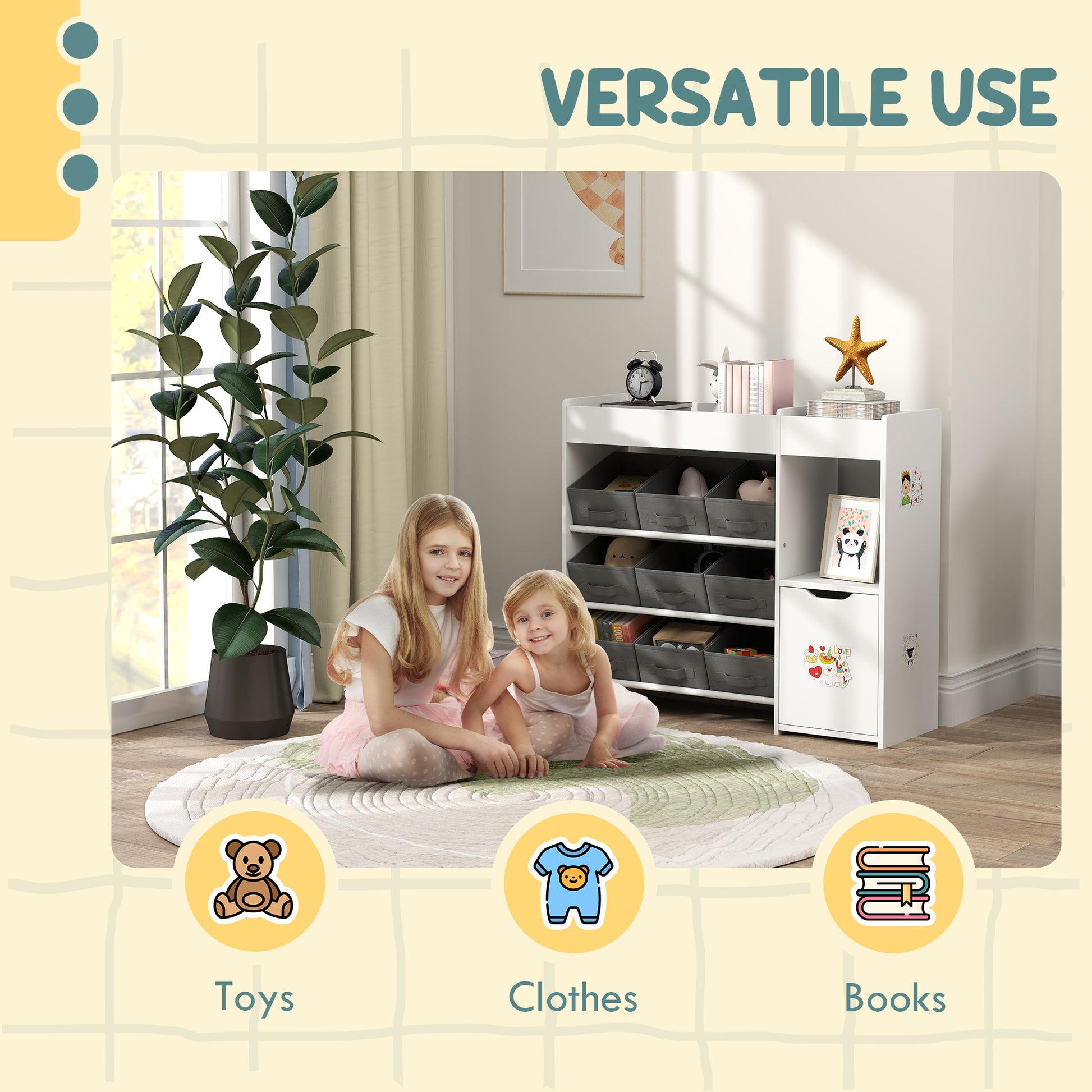Qaba Toy Storage Organizer with 9 Non-Woven Fabric Boxes, Storage Cabinet & Shelves, for Kids Room, Nursery, Playroom, White