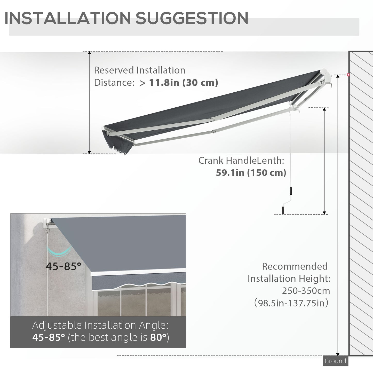 10' x 8' Manual Retractable Awning, Sunhade Shelter Canopy UV Protection for Window Door Patio Deck Yard, Dark Grey