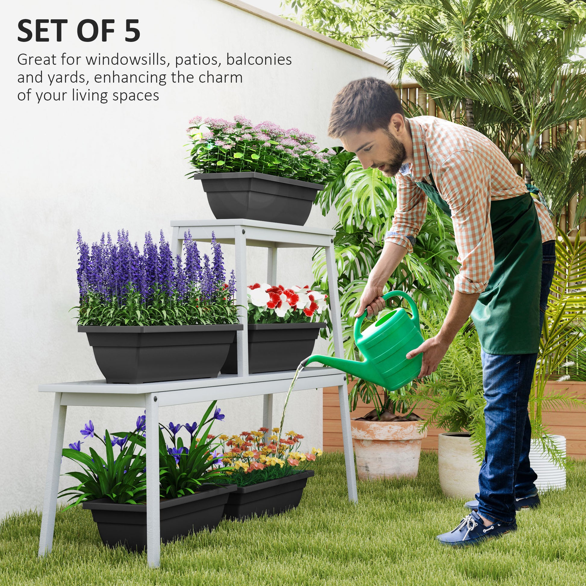 Long Rectangular Flower Plant Pots, 5 Pack 23 Inches Window Boxes Planters for Windowsill, Garden, Black