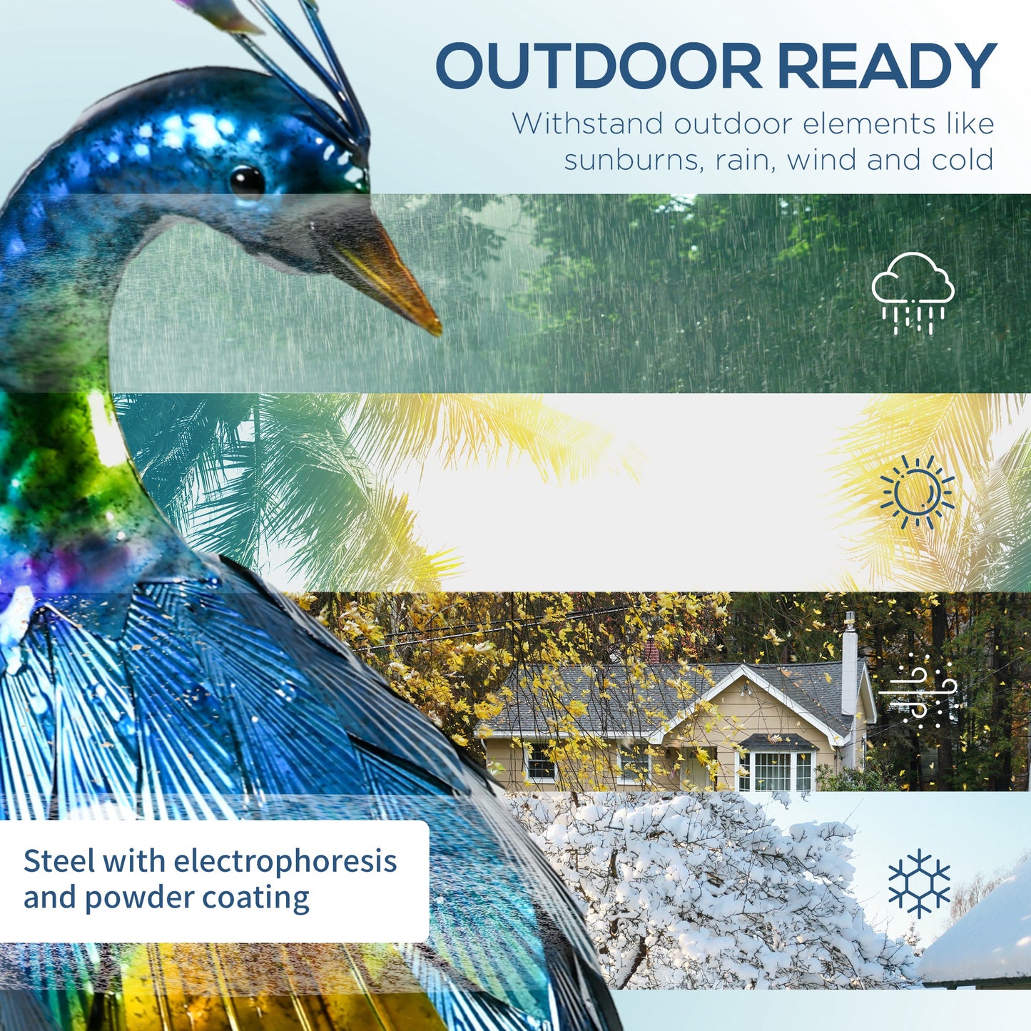 Peacock Garden Statue Lawn Ornament Steel Garden Decor Bird Statue with Stakes 9.8" W x 11.4" D x 23.2" H Multi-coloured