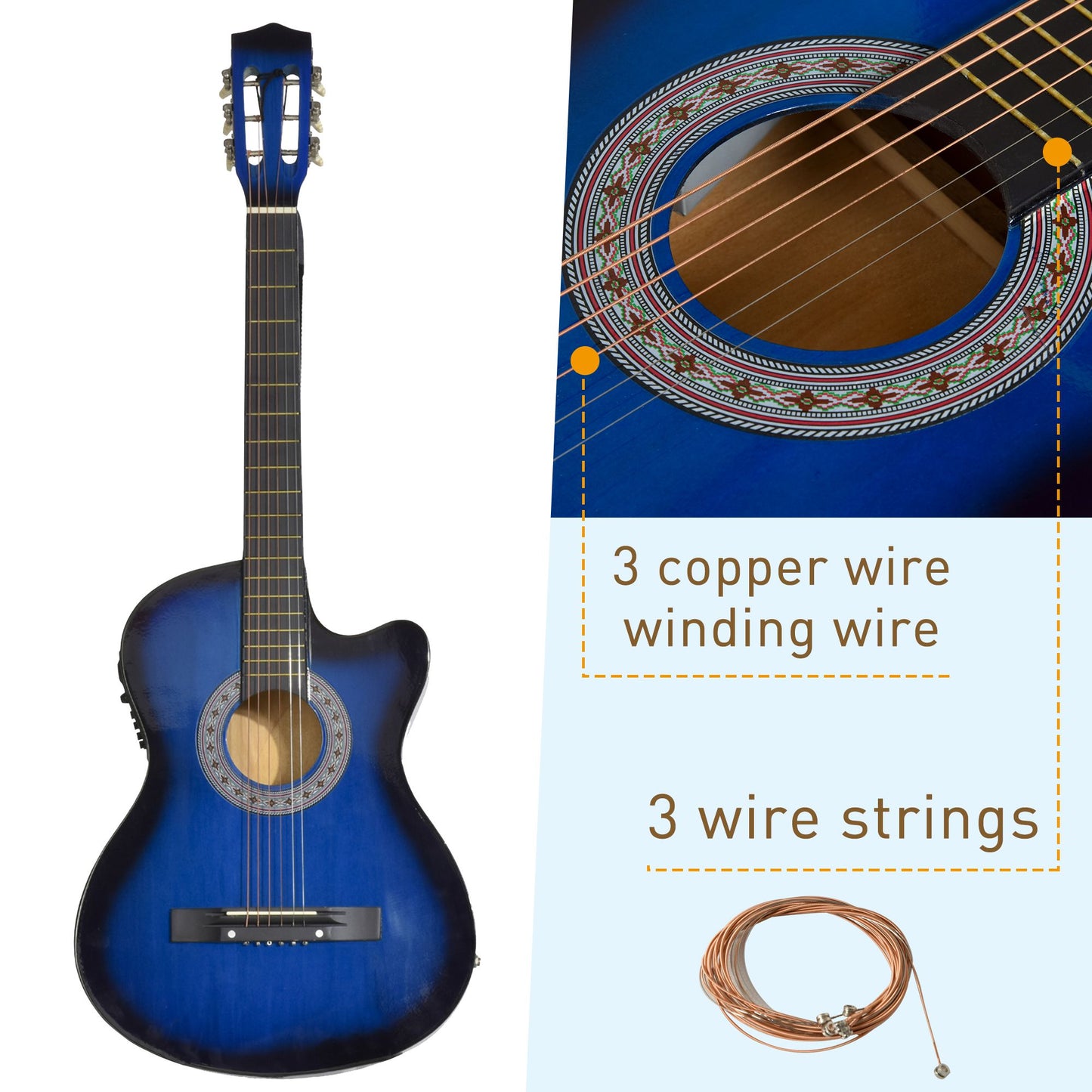 Soozier 38 Inch Full Size Classical Acoustic Electric Guitar Premium Gloss Finish with Strings, Picks, Shoulder Strap and Case Bag, Blue