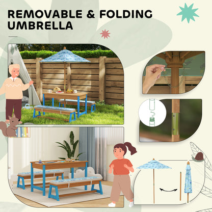 Qaba Kids Picnic Table and Bench Set with Removable Umbrella, Cushions & Boxes, Dinosaur Theme for Outdoor, Blue