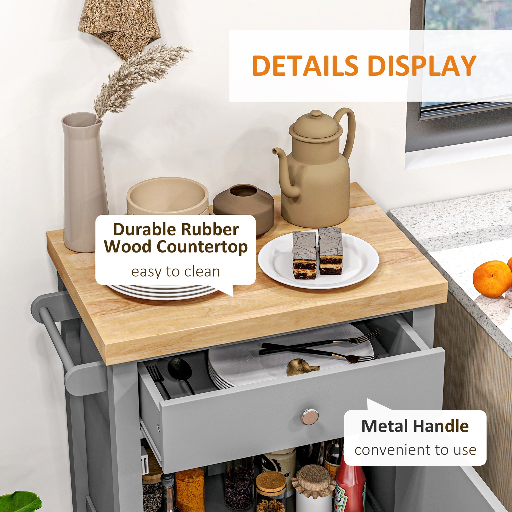 Kitchen Cart on Wheels, Rolling Kitchen Island Cart with Wood Top, Towel Rack, Drawer and Shelf for Dining Area, Grey