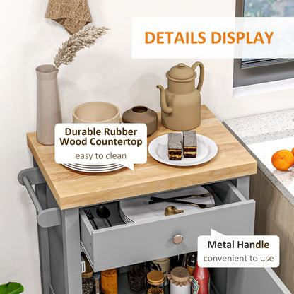 Kitchen Cart on Wheels, Rolling Kitchen Island Cart with Wood Top, Towel Rack, Drawer and Shelf for Dining Area, Grey