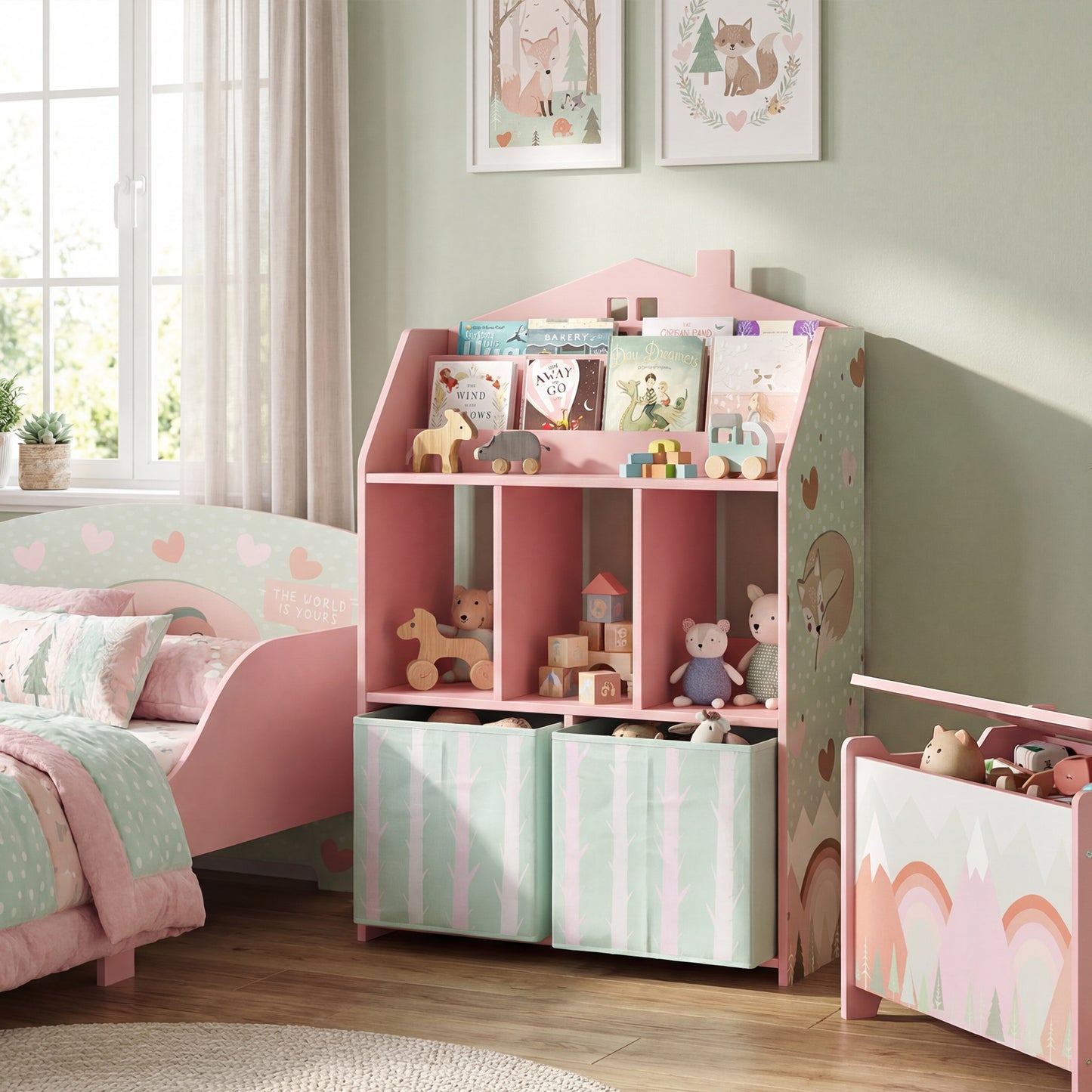 Qaba Kids Bookshelf with Storage, Toy Storage Unit with Book Display, Shelves and Fabric Drawers for Playroom Nursery, Pink