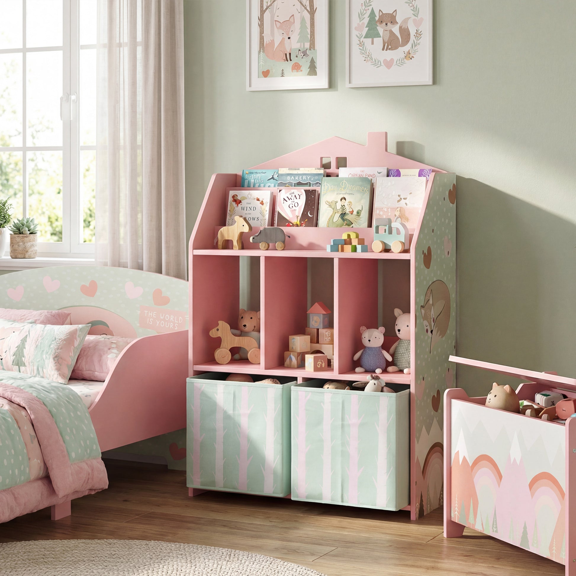 Qaba Kids Bookshelf with Storage, Toy Storage Unit with Book Display, Shelves and Fabric Drawers for Playroom Nursery, Pink