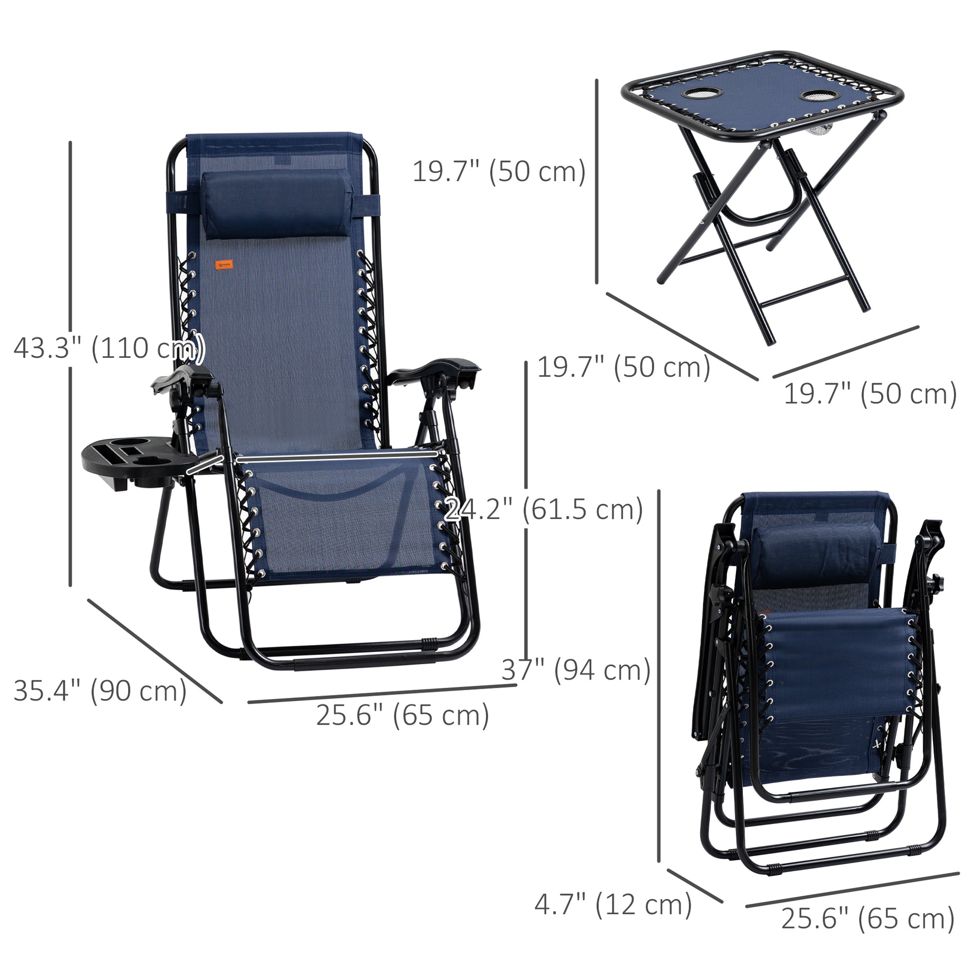 Zero Gravity Chair Set of 2 Patio Chair with Side Table Cupholders and Pillows for Pool, Backyard, Lawn, Beach, Blue