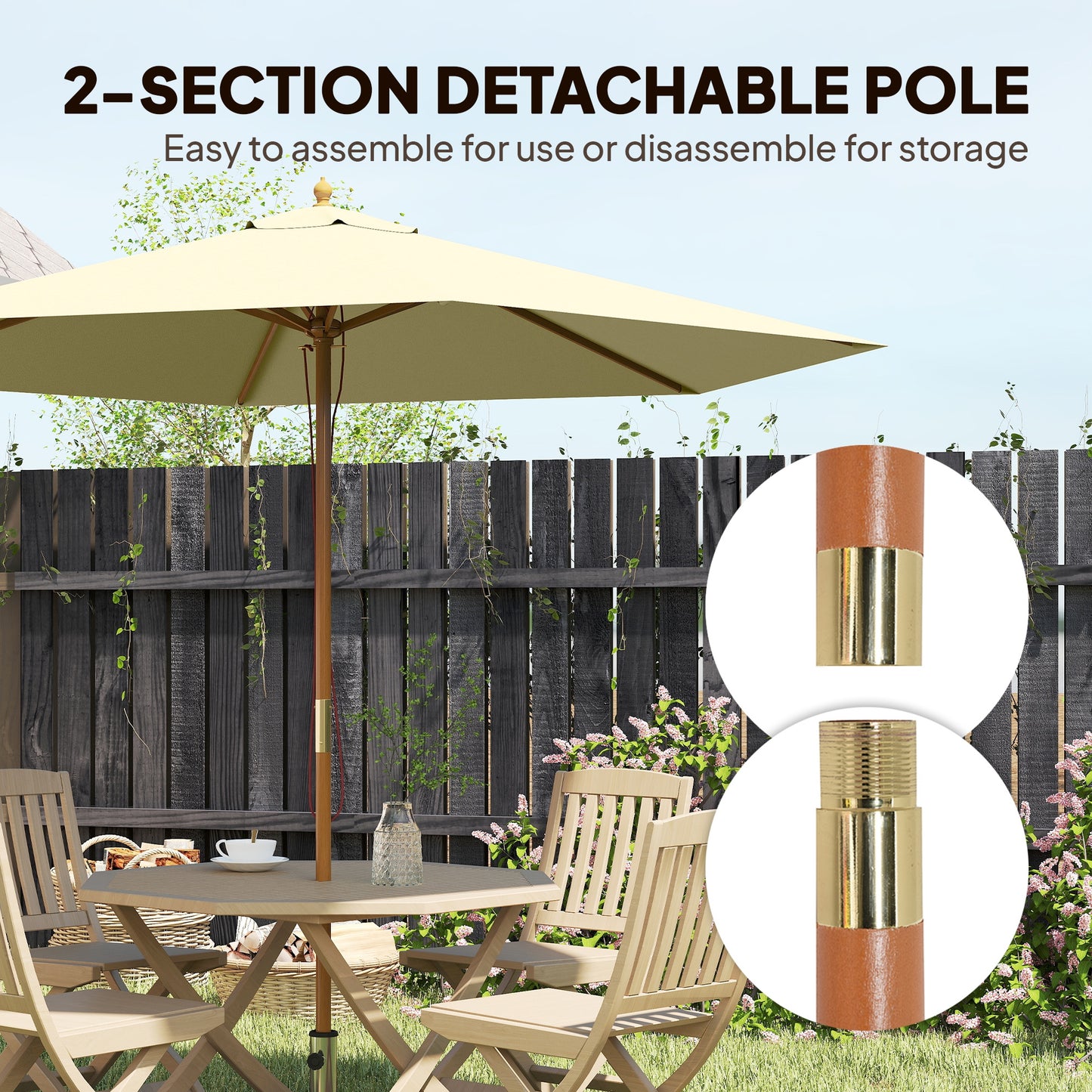 8FT Wood Market Umbrella Patio Umbrella Round Garden Parasol Canopy with Bamboo Ribs and Top Vent, Cream White