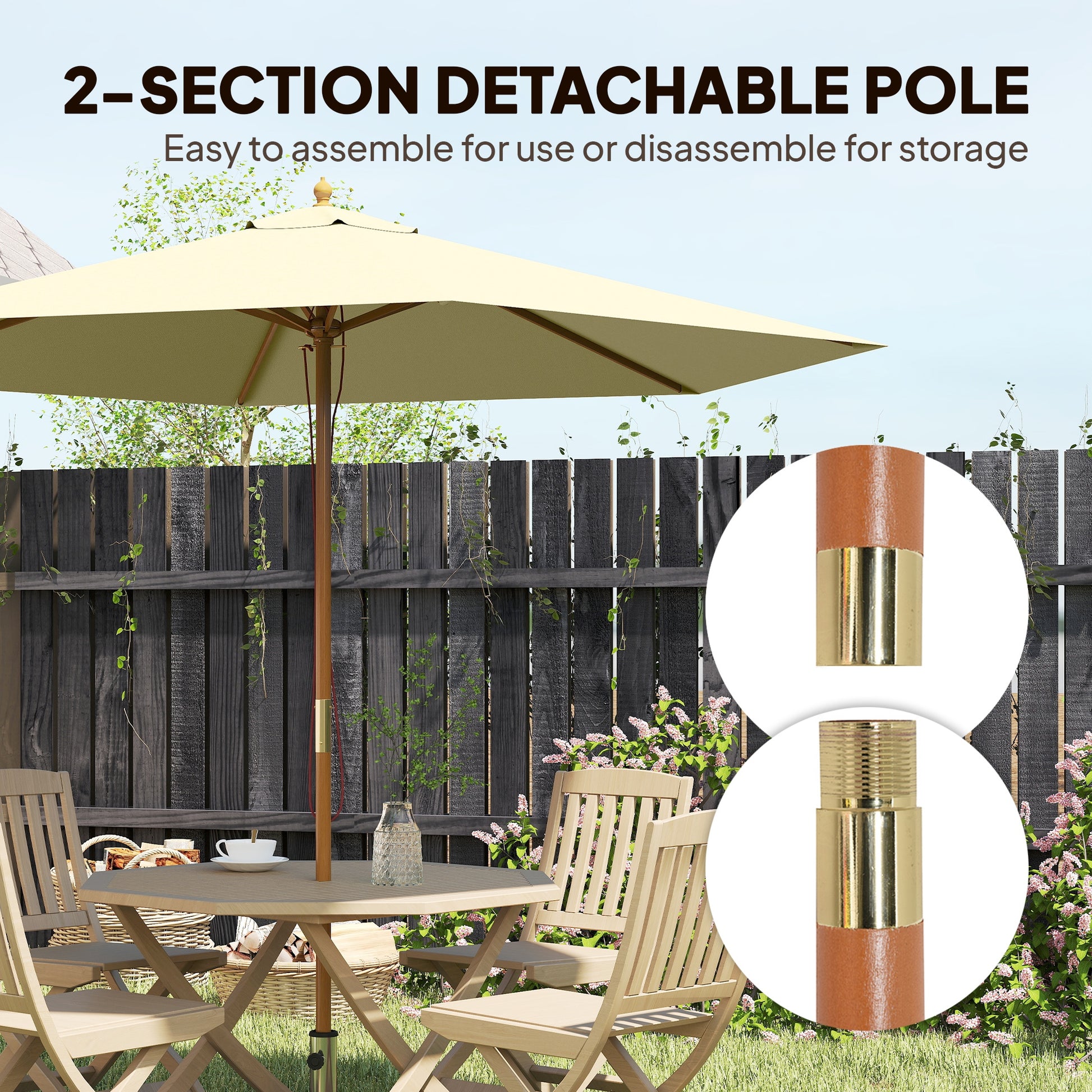8FT Wood Market Umbrella Patio Umbrella Round Garden Parasol Canopy with Bamboo Ribs and Top Vent, Cream White