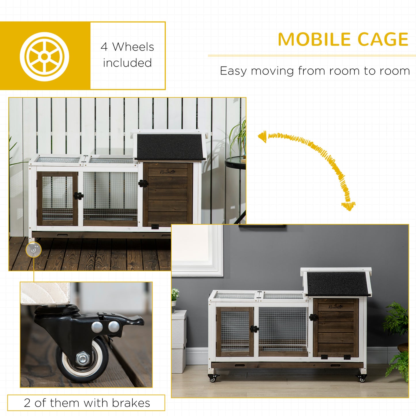 Rabbit Cage with Wheels, Ramp, Run, Tray for Indoor Outdoor, Suitable for Rabbit, Guinea Pig, Coffee