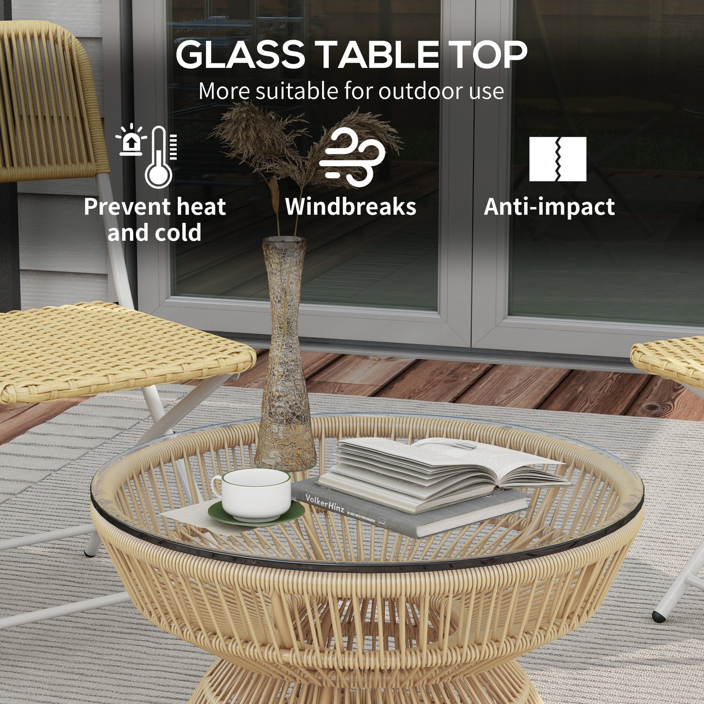 Rattan Outdoor Coffee Table, Patio End Table with Tempered Glass Tabletop & Steel Frame, Wicker Furniture, Nature Wood