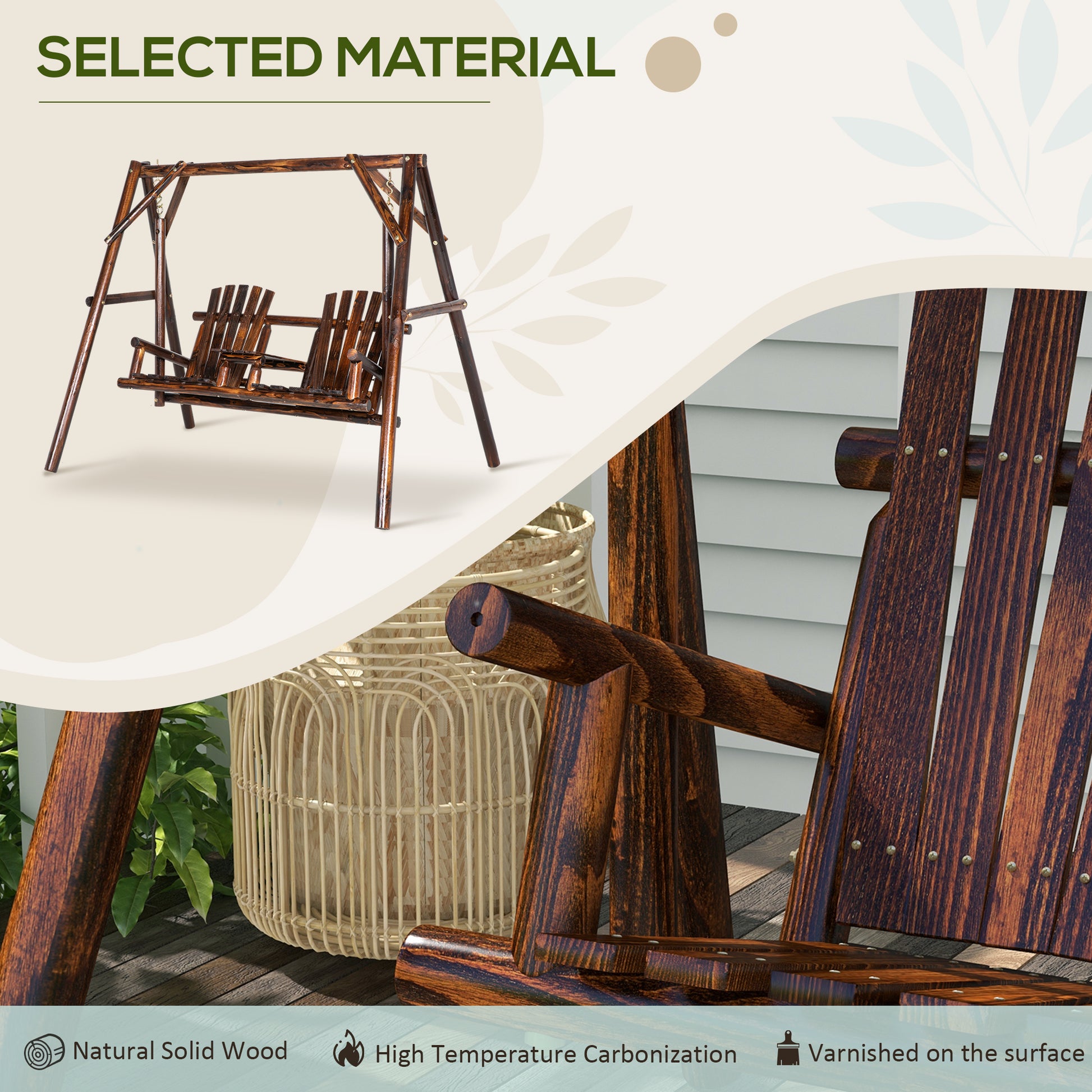 Wooden 2-Seat A-Frame Porch Swing Rustic Patio Bench Outdoor Furniture w/ Table