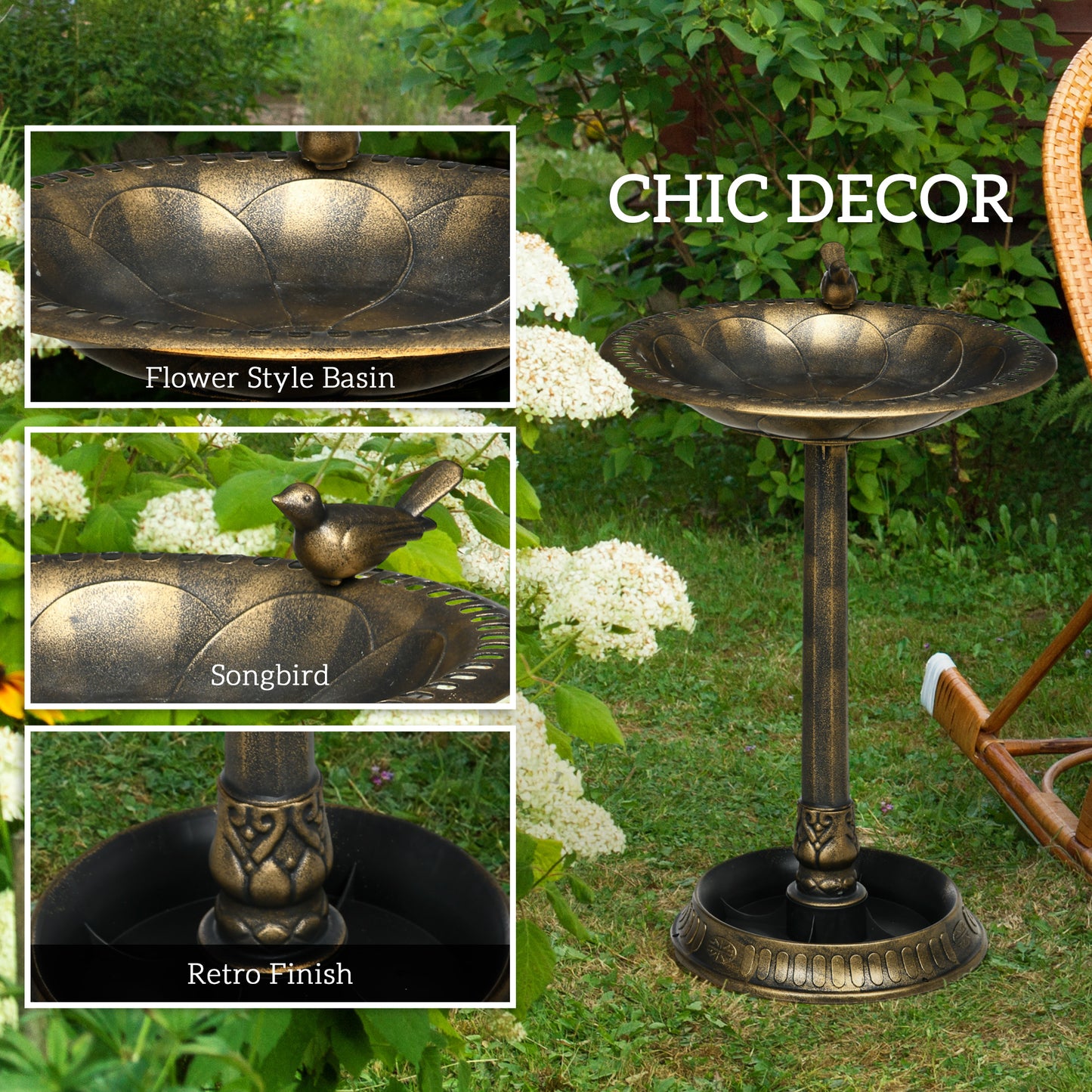 28" Bird Bath for Outdoors, Vintage Birdbath with Bird Decoration and Flower Planter Base, Bronze