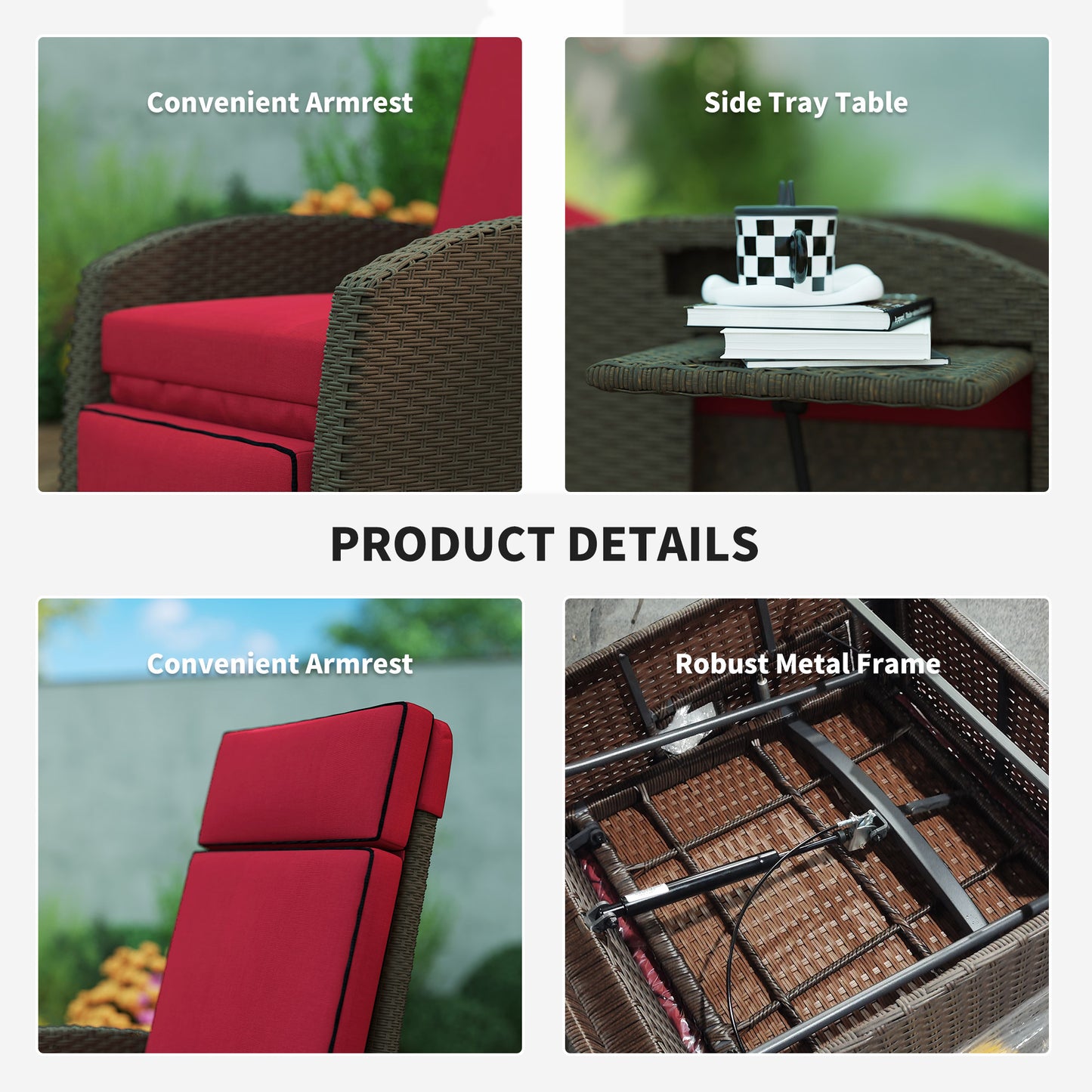 Outdoor Recliner Chair with Adjustable Backrest, Footrest, Thick Cushion, Side Tray, Up to 264 lbs, Wine Red