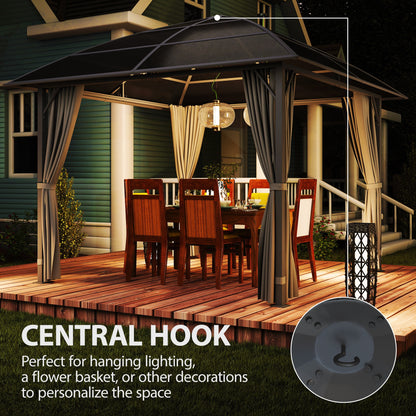 10' x 10' Outdoor Hardtop Gazebo Canopy with UV50+ Polycarbonate Roof, Steel Frame, Central Hook, Curtains, Light Grey