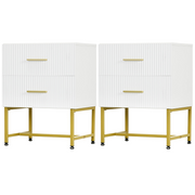 2 Pieces Nightstands with Storage, Modern Bedside Tables with 2 Fluted Drawers and Gold Legs for Bedroom, White