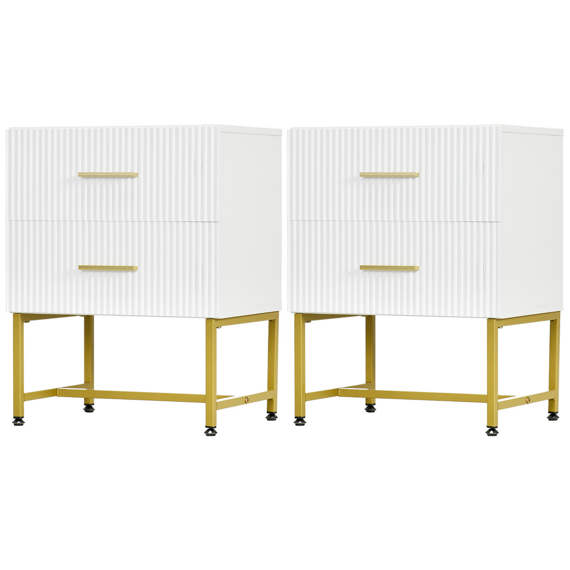 2 Pieces Nightstands with Storage, Modern Bedside Tables with 2 Fluted Drawers and Gold Legs for Bedroom, White