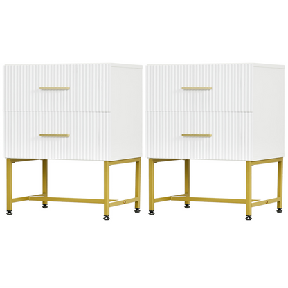 2 Pieces Nightstands with Storage, Modern Bedside Tables with 2 Fluted Drawers and Gold Legs for Bedroom, White