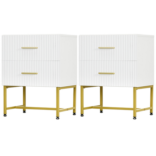 2 Pieces Nightstands with Storage, Modern Bedside Tables with 2 Fluted Drawers and Gold Legs for Bedroom, White