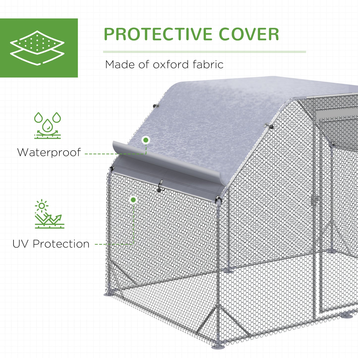 Chicken Run, Galvanized Large Metal Chicken Coop Cage, Walk-in Enclosure Poultry Hen Run House Playpen Rabbit Hutch with Flat Roof, Cover, 9.2' x 6.2' x 6.5', Silver