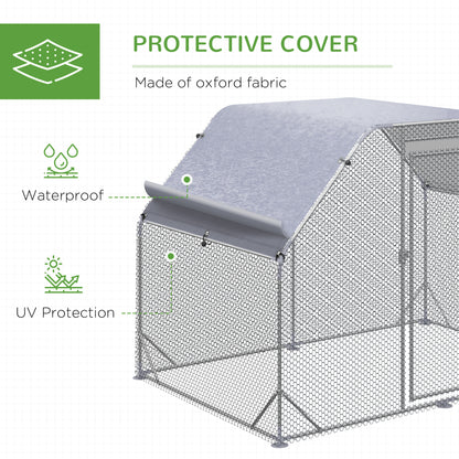 Chicken Run, Galvanized Large Metal Chicken Coop Cage, Walk-in Enclosure Poultry Hen Run House Playpen Rabbit Hutch with Flat Roof, Cover, 9.2' x 6.2' x 6.5', Silver